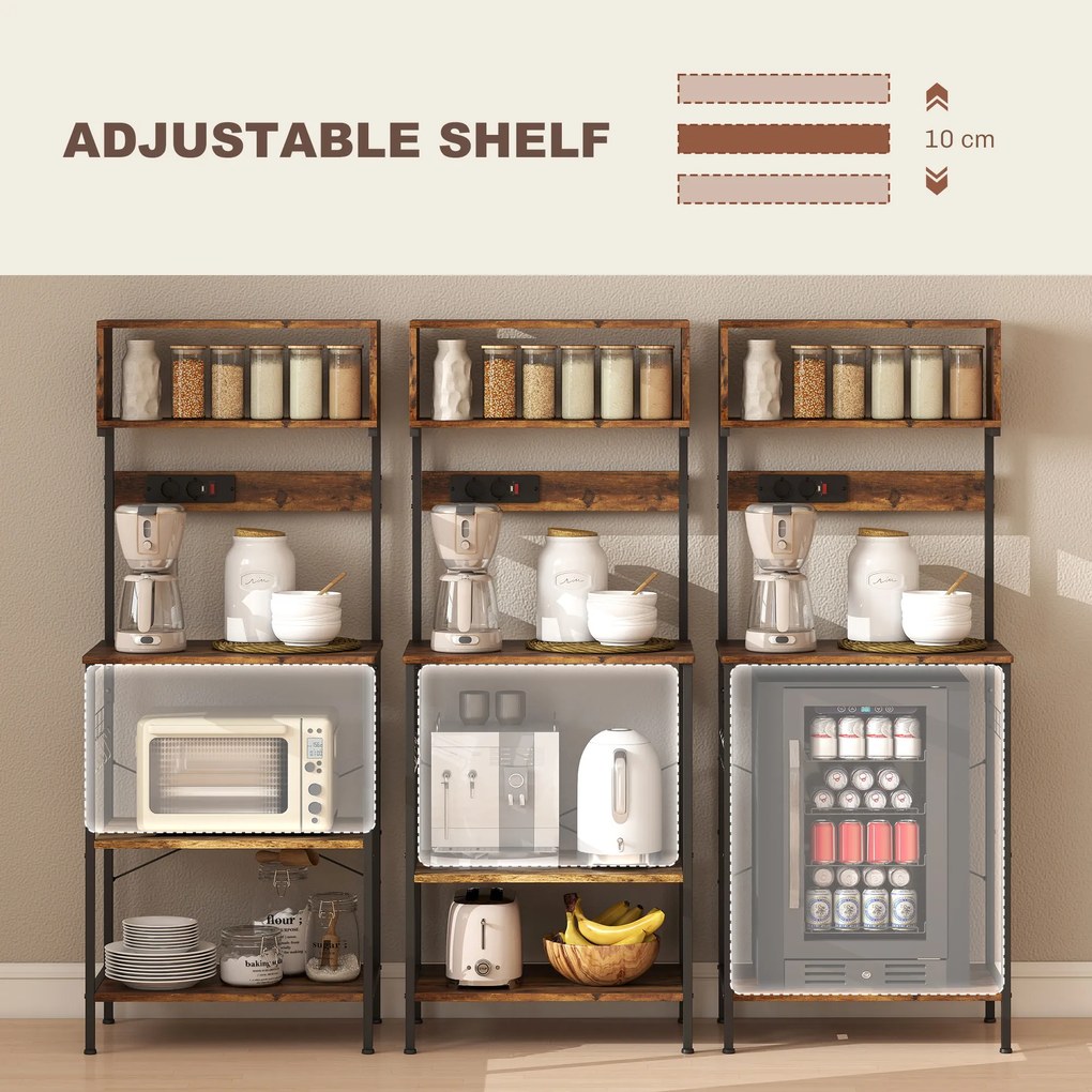 HOMCOM Regał kuchenny, regał stojący z 5 hakami S, 5 półkami, gniazdko, stalowy, Rustykalny brąz, 60 x 42 x 153 cm