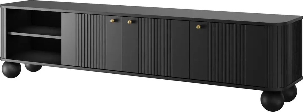 Szafka RTV Vesper 187 cm trzydrzwiowa - czarny / złote uchwyty / nogi kule