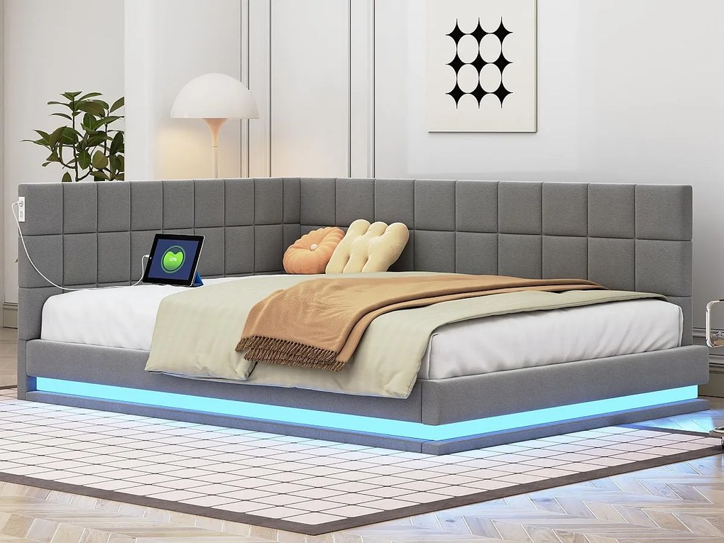 Sofa łóżko tapicerowane welurem 140x200cm - z LED i gniazdem USB - Szary