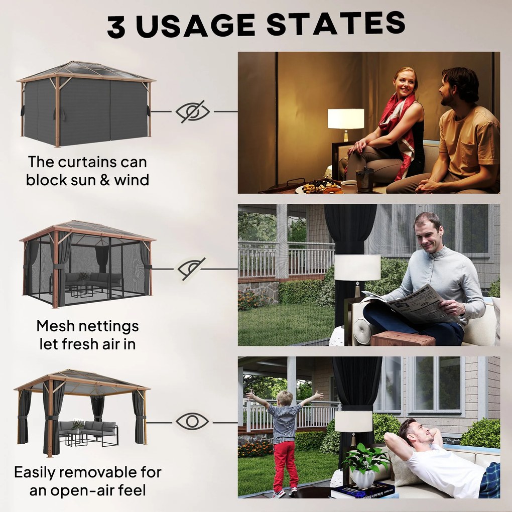 Outsunny Pawilon ogrodowy 4x3m aluminiowy z dachem z poliwęglanu 6 mm, moskitiera, 4 zasłony, imitacja drewna, naturalne drewno | Aosom PL