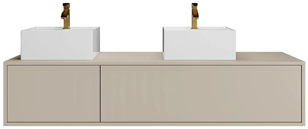 Szafka łazienkowa wisząca  w kolorze beżowym z podwójną kwadratową umywalką - L150 cm - ISAURE II