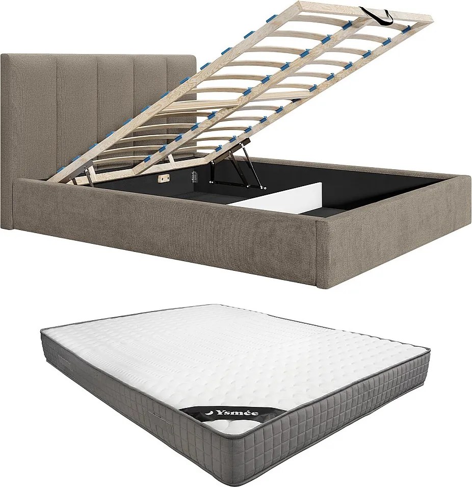 Łóżko ze skrzynią 160 x 200 cm zagłówkiem z pionowymi szwami - Tkanina - Taupe - Z materacem - KILACLO