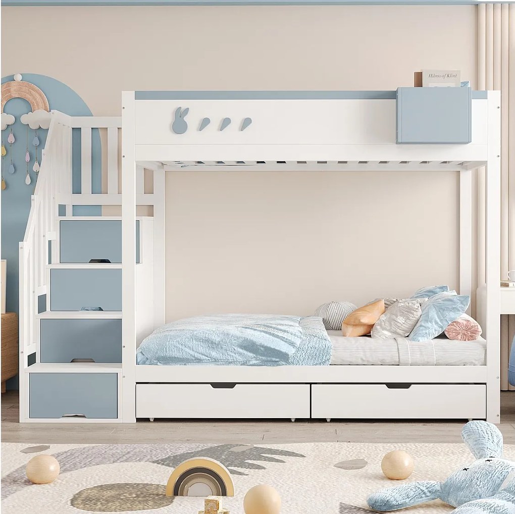 Łóżko piętrowe dla dzieci - 2 x 90 x 200 cm - z drabinką + 2 szuflady - drewno - biały + niebieski