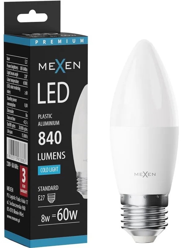 Mexen Nova żarówka LED E27, C37, 8W, Zimna - 6500K, 840 lm - L102-E27-0865-01