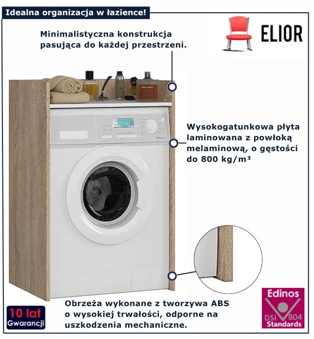 Klasyczna szafka łazienkowa nad pralkę dąb sonoma + biały  K7-T46