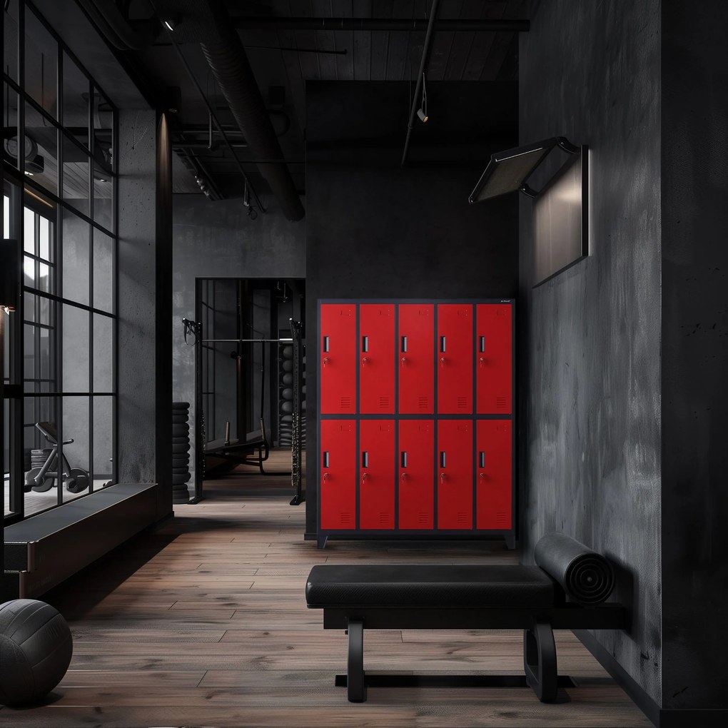 Szafa socjalna ubraniowa BHP 10-drzwiowa antracytowo-czerwona: BARTEK, 1360 x 1720 x 450 mm