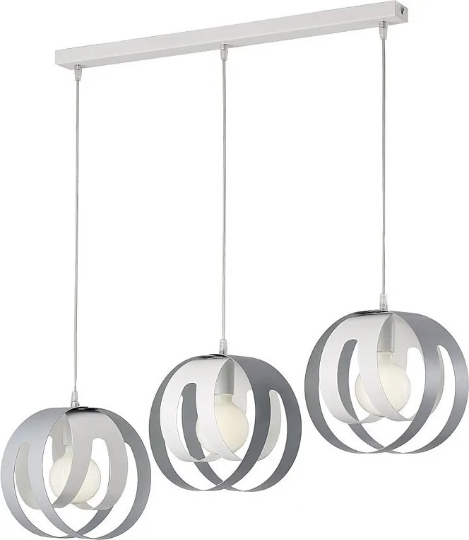 Lampa wisząca Tobias z prostokątną rozetą, laserowo cięte dyfuzory, żelazo lakierowane białe i szare, regulowany kabel, nowoczesny design, 3 światła