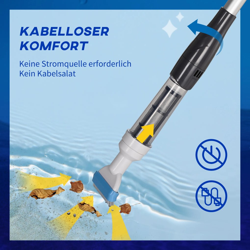 Outsunny Odkurzacz Basenowy Bezprzewodowy - 80min Pracy, 800g, 19L Wody/min, Alu, Ø6x106-162cm - Wydajne Czyszczenie