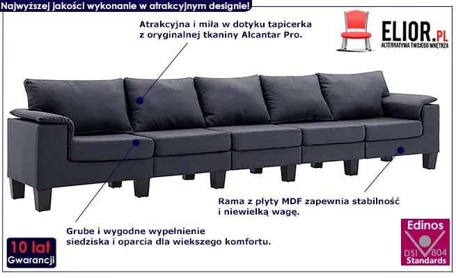 Pięcioosobowa ekskluzywna ciemnoszara sofa - Ekilore 5Q