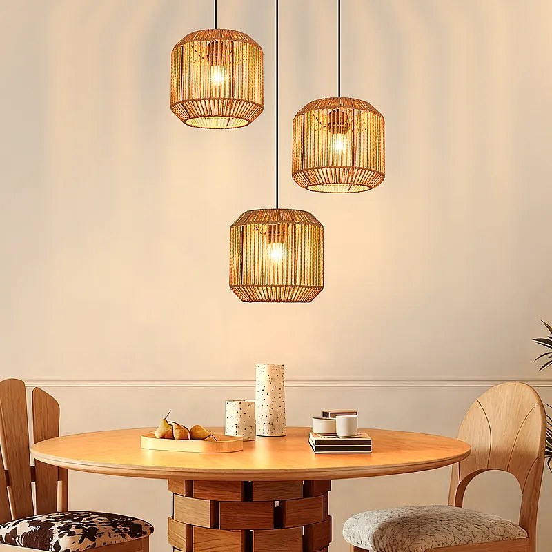 Lampa wisząca Nettlife Boho Rattan na stół jadalny – 3 żarówki E27, regulowana wysokość, styl retro, do salonu/sypialni (żarówki nie są dołączone)