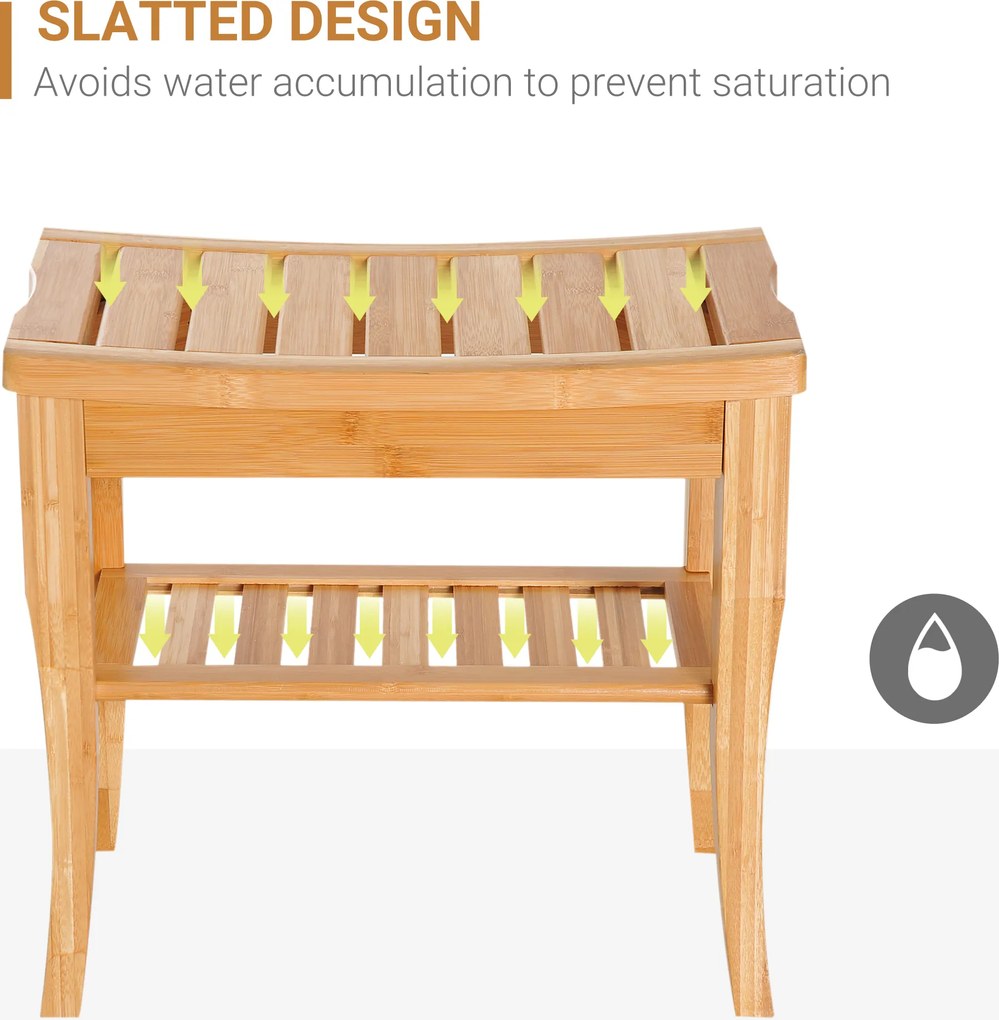 HOMCOM Ławka prysznicowa bambusowa z półką siedzisko krzesło do łazienki naturalne 47,5 x 26 x 44,5 cm | Aosom PL