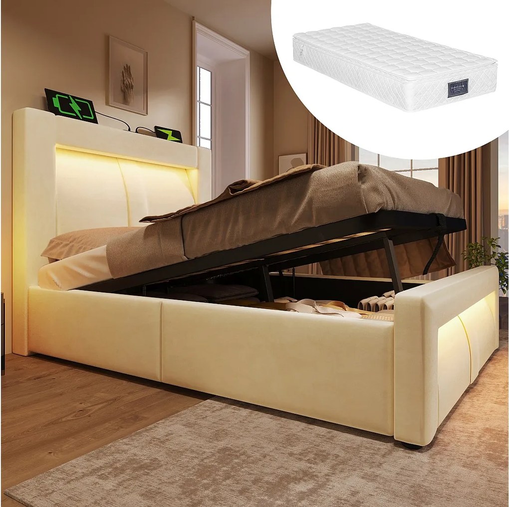 Łóżko pojedyncze z pojemnikiem na pościel - 90 x 200 cm - z hydraulicznym stelażem + diody LED + USB + zaokrąglony zagłówek - aksamitne - beżowe (z materacem)