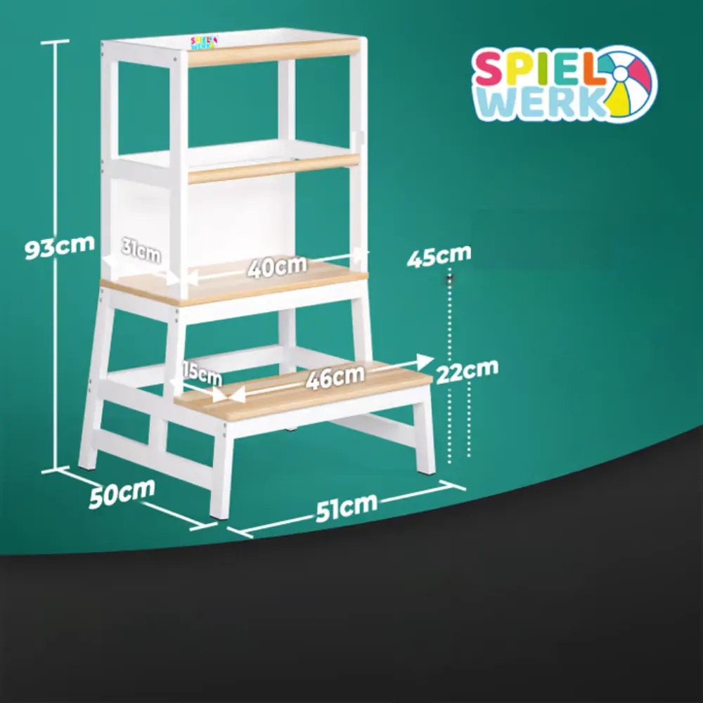 Wieża edukacyjna PLAY z drewna sosnowego, 93x51x50cm, biała/naturalny brąz Spielwerk