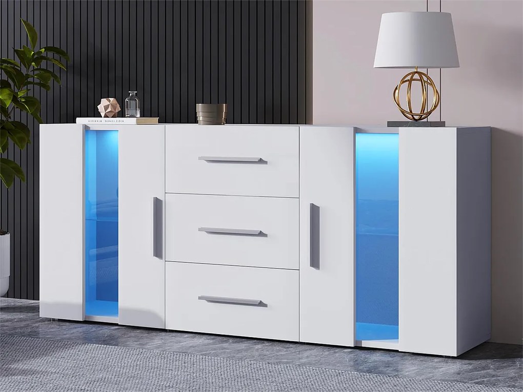 Komoda z 2 drzwiami i 3 szufladami - LED-y - drewno MDF - do salonu, jadalni - biała