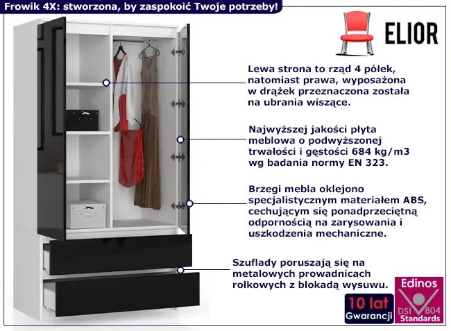 Szafa z drążkiem i półkami biały + czarny połysk - Conrad 4X