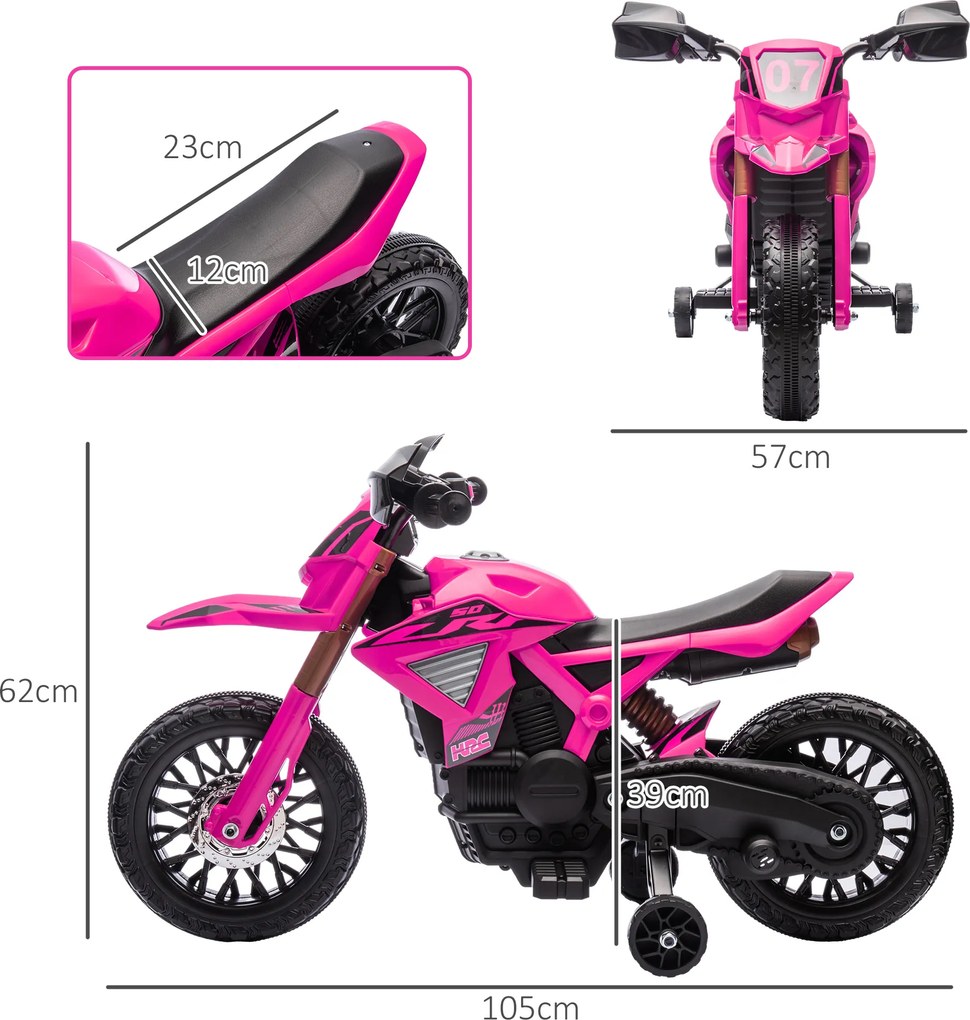 AIYAPLAY Elektryczny Motocykl dla Dzieci 12V z Kółkami Bocznymi, Pojazd dla Dzieci z Klaksonem i Dźwiękiem Startu, 3 km/h, Różowy