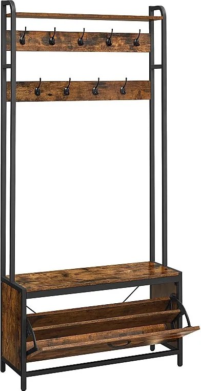 Wieszak na ubrania Valora z siedziskiem i półkami na buty – rustykalny brąz i czerń