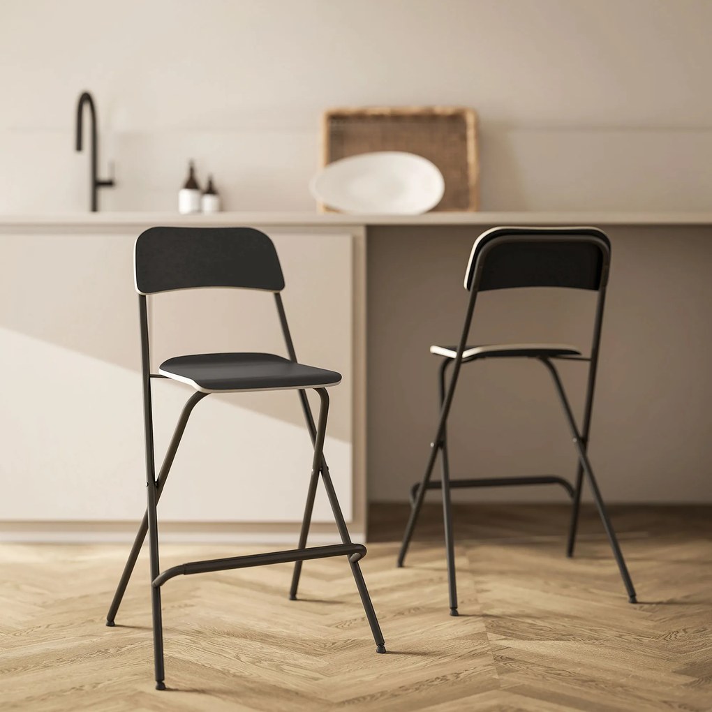 HOMCOM Zestaw 2 Hockerów Barowych, składane hockery z stalową ramą, do kuchni, jadalni, czarny
