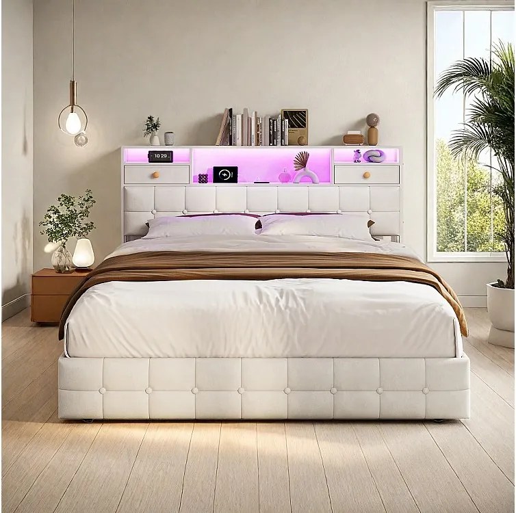 Tapicerowane łóżko z pojemnikiem - 160 x 200 cm - Port ładowania USB typu C - 4 szuflady - Aksamit - Beżowy