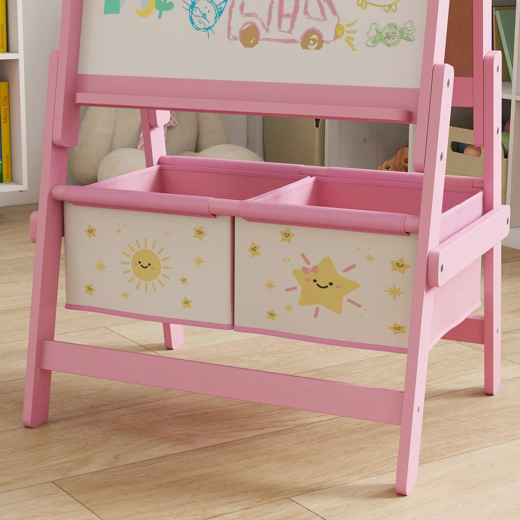 AIYAPLAY Sztaluga 3 w 1 dla dzieci z tablicą kredową, białą tablicą, rolką papieru i 2 koszami, różowa, dla dzieci w wieku 3-8 lat | Aosom PL