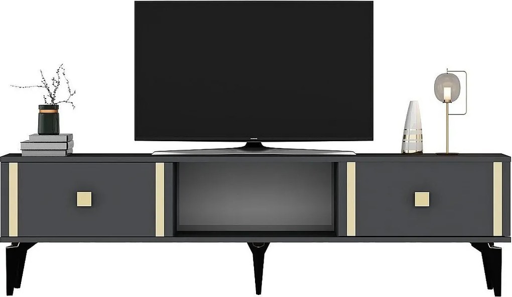 Stojak pod telewizor – 150 cm x 44,6 cm x 29,6 cm – antracyt i złoto – płyta wiórowa pokryta melaminą