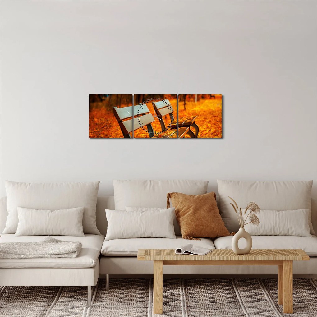 Obraz ławki jesienią (z zegarem) (90x30 cm)