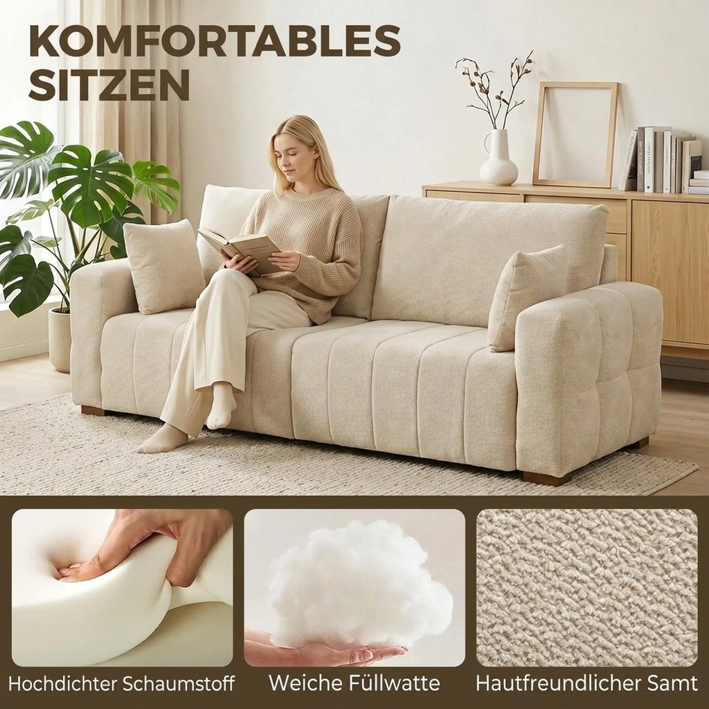HOMCOM Sofa 3-osobowa z podłogowymi podłokietnikami, tapicerowana sofa do salonu, nogi drewniane, kremowo-biała | Aosom PL