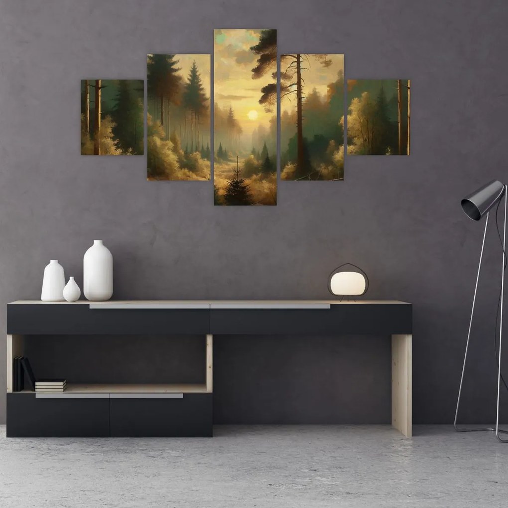 Obraz - Słońce świecące przez las (125x70 cm)