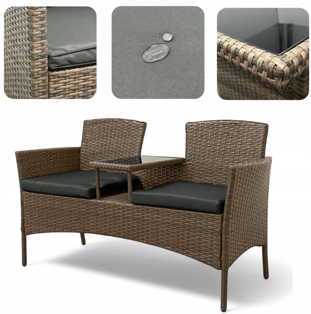 Meble ogrodowe Ratina, dwuosobowa sofa ze stolikiem, kolor jasny brąz, poduszki szare