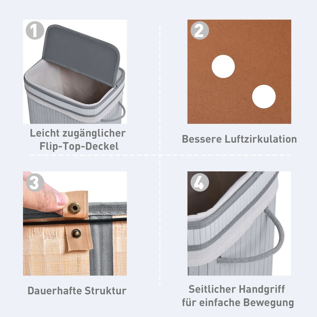 HOMCOM Kosz na bieliznę, 70 L kosz na pranie z pokrywą, wyjmowana wkładka, pojemnik na bieliznę do łazienki, 40 x 30 x 60 cm, Szary