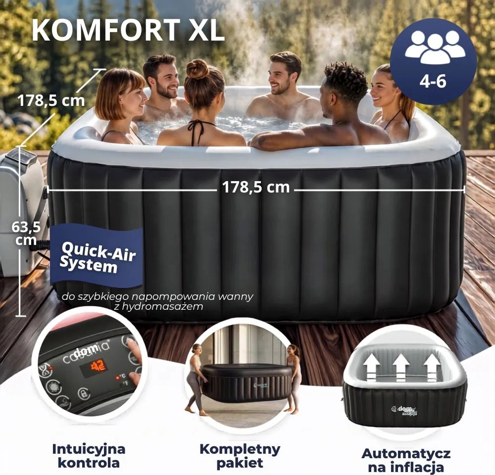 Nadmuchiwane jacuzzi OASIS dla 6 osób, kwadratowe, czarne Casaria