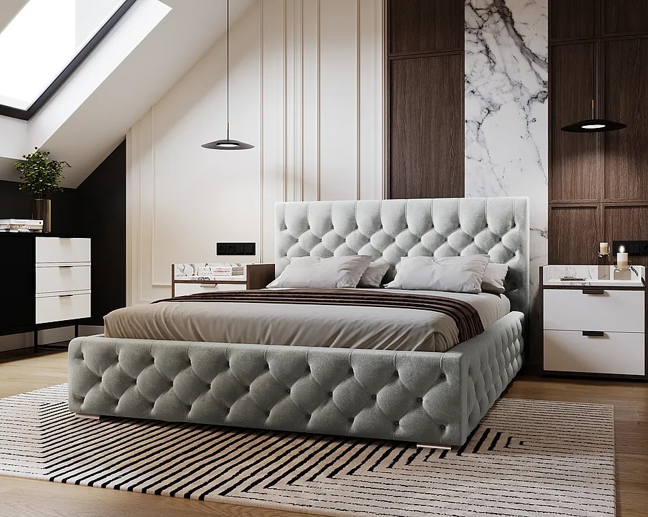 Emporius Elira łóżko tapicerowane 180x200 z pojemnikiem - tkanina velvet, glamour, pikowanie chesterfield - łóżko 180x200 jasny szary (Magic Velvet 2218)