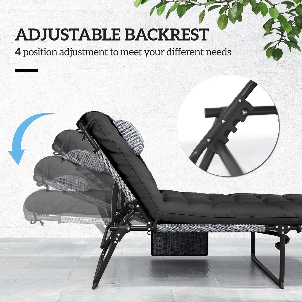 Outsunny Składany leżak ogrodowy z poduszką, leżak z 4-stopniowo regulowanym oparciem i boczną kieszenią, czarny | Aosom PL