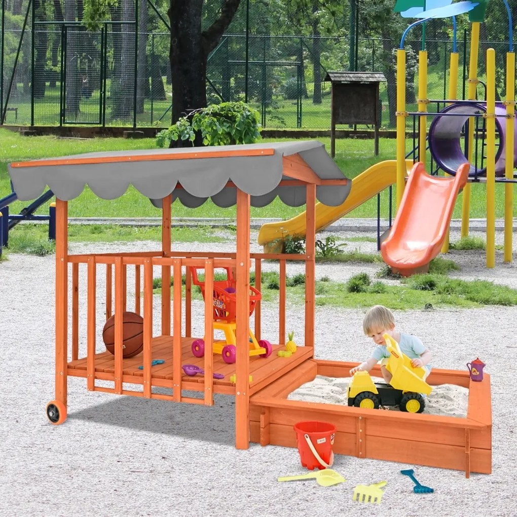 Piaskownica z werandą HAPPY, lita sosna 130 x 130 x 143 cm, brązowo szary Jurhan