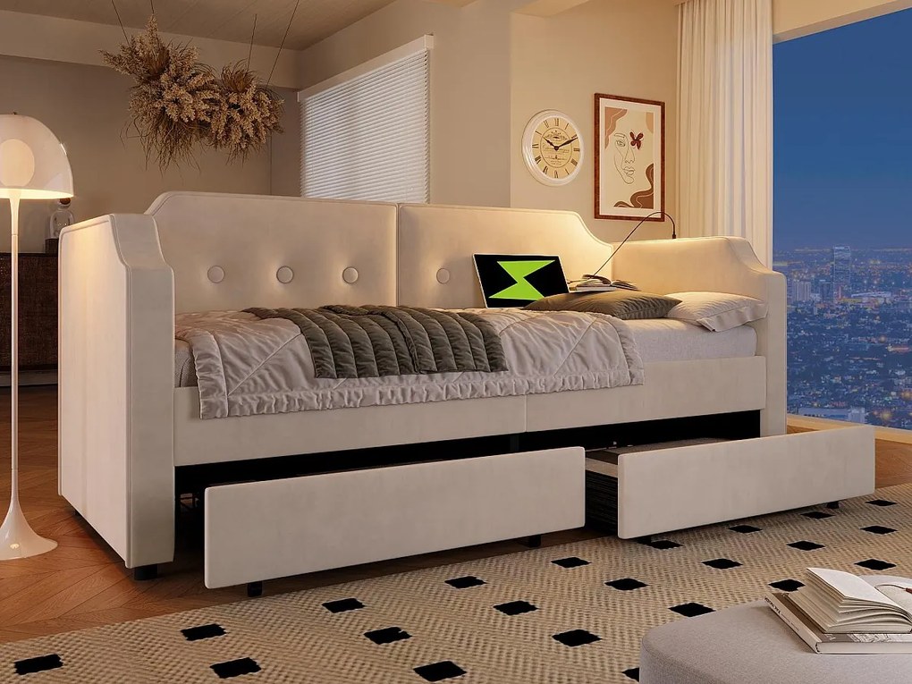 Łóżko banquette 90x200cm z weluru - z funkcją ładowania i LED - z stelażem na listwy - Beżowe