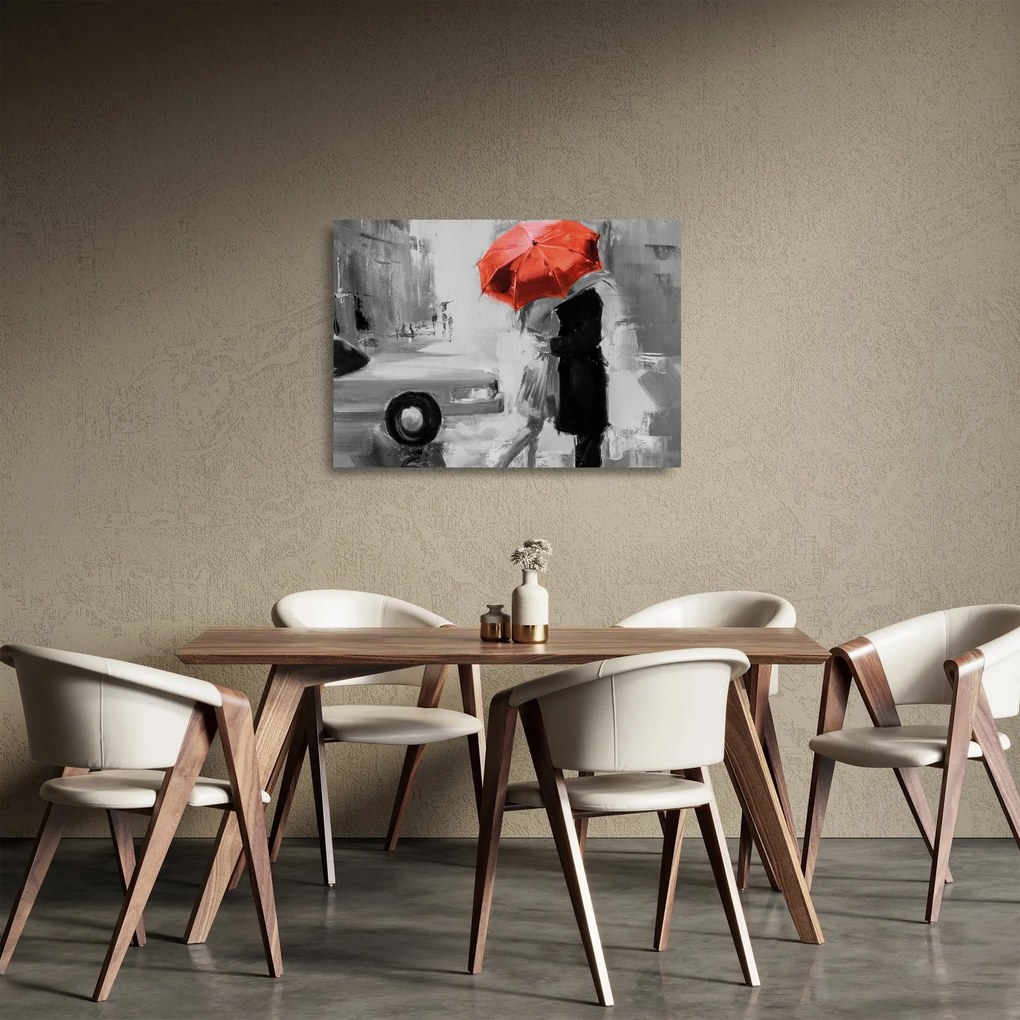Obraz na szkle - Zakochana para pod parasolem, czerwony (70x50 cm)