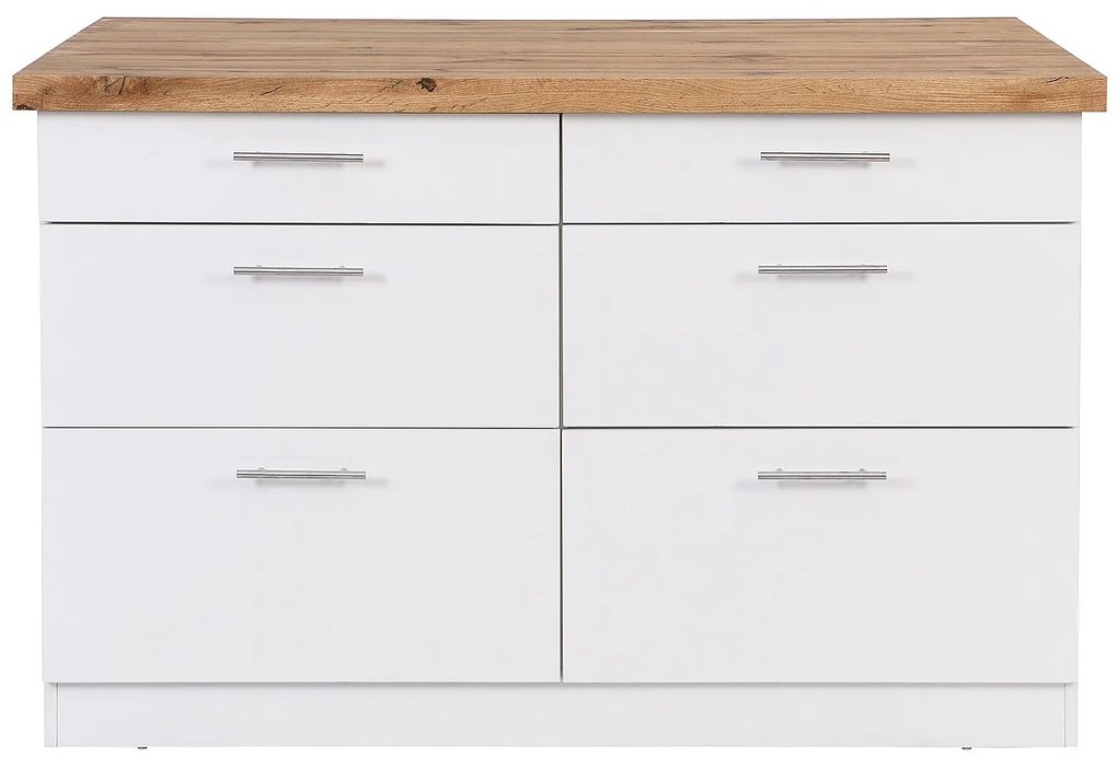 Centralna wyspa kuchenna z 6 szufladami z płyty MDF i metalu - Biały i naturalny jasny - ALEGRITA