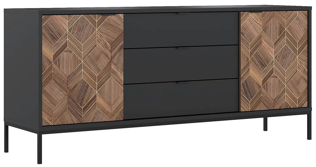 Komoda 2-drzwiowa z 3 szufladami - Czarny i Naturalny ciemny - MIALINE