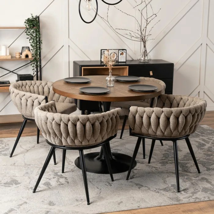 Krzesło Tapicerowane Plecione do Salonu EMPOLI Beżowe Nowoczesne Loft