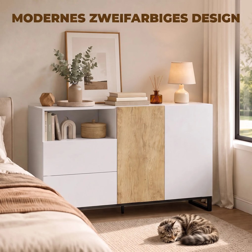 HOMCOM Komoda nowoczesna szafka do przechowywania z 2 drzwiami Soft-Close i 2 szufladami 140x40x85 cm, biały | Aosom PL