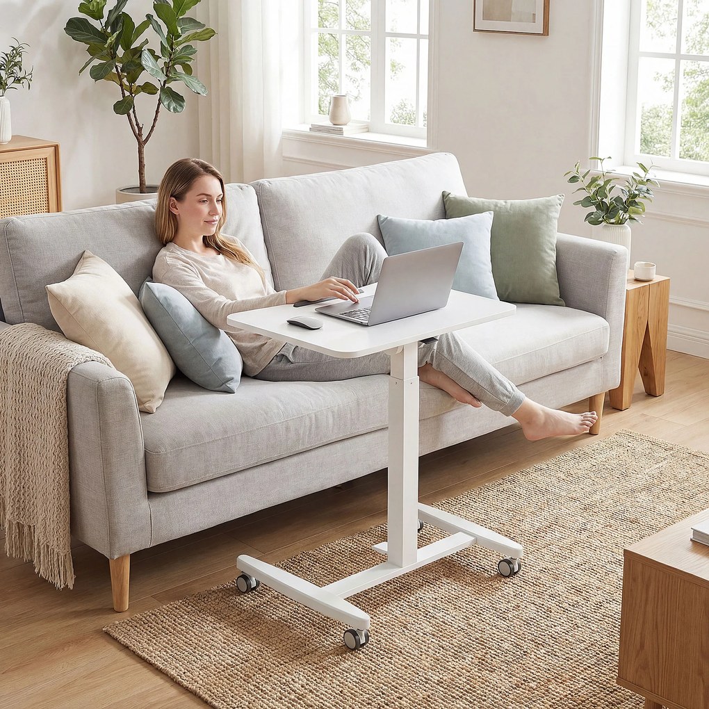 HOMCOM Regulowane Biurko Stojące, Mobilne Biurko z Regulowanym Blatem, Blokada Bezpieczeństwa, Kółka, Białe | Aosom PL