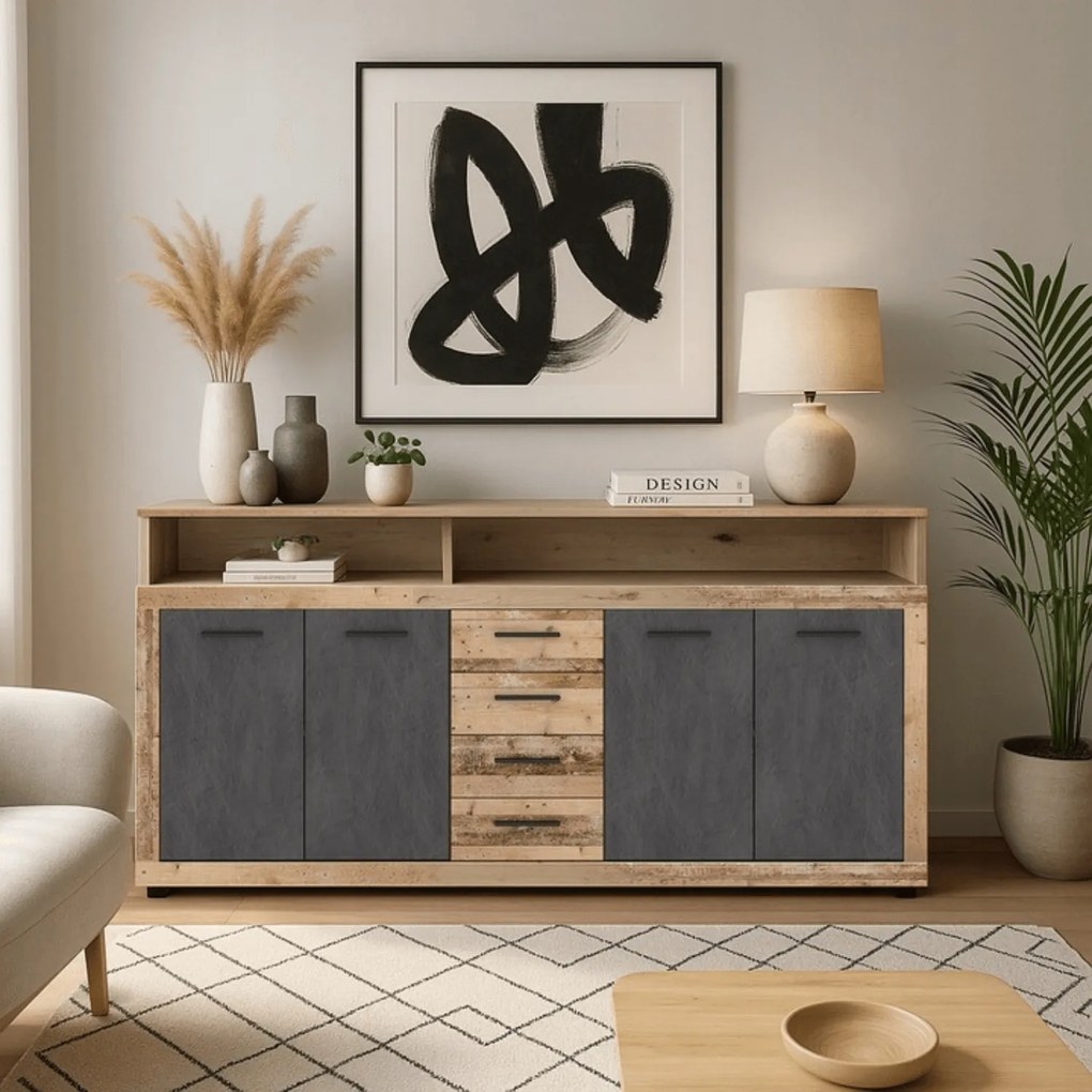 Komoda Czterodrzwiowa BLAGO 190 cm Surowy Dąb/Czarny Loft