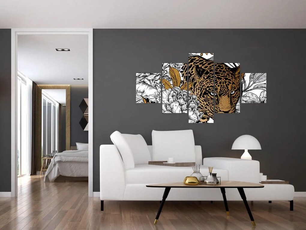 Obraz - Lampart pośród kwiatów (125x70 cm)
