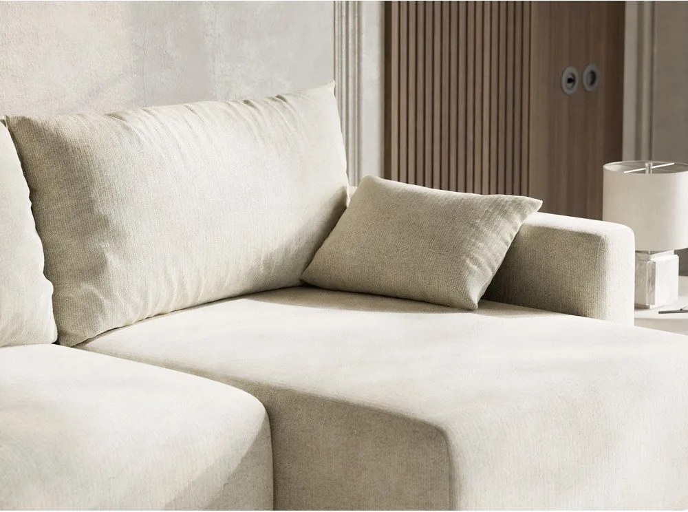 Kremowy rozkładany narożnik ze schowkiem z tkaniny szenilowej (prawostronny/z szezlongiem) Leon – Maison de Rêve