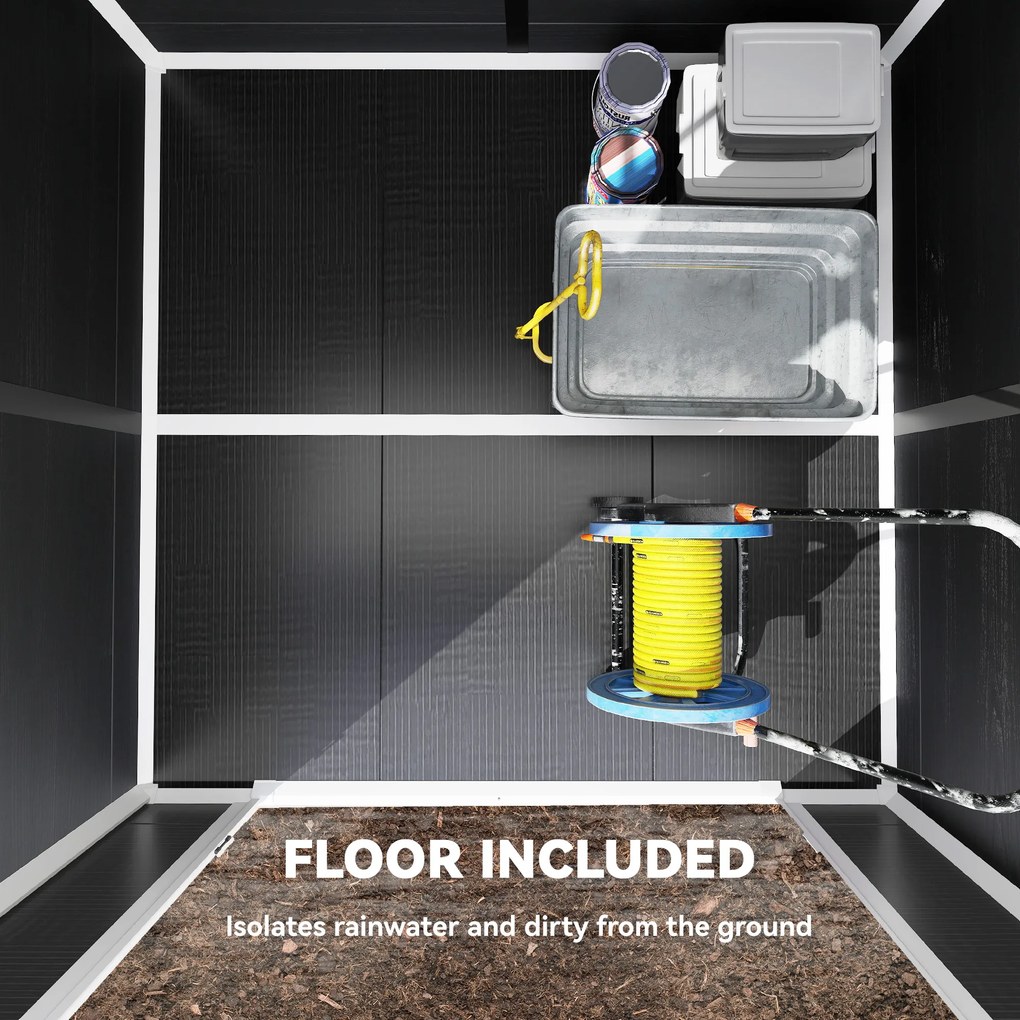 Outsunny Domek narzędziowy 2,89 m², schowek z drewnopodobnym wykończeniem, 3 okna, podwójne drzwi, wentylacja, podłoga, zamek, 182 x 182 x 196 cm | Aosom PL