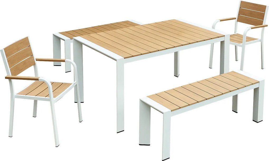 Zestaw jadalniany do ogrodu aluminiowy : stół dł. 150 cm, 2 fotele i 2 ławki - Jasny naturalny i biały - NYROS by MYLIA