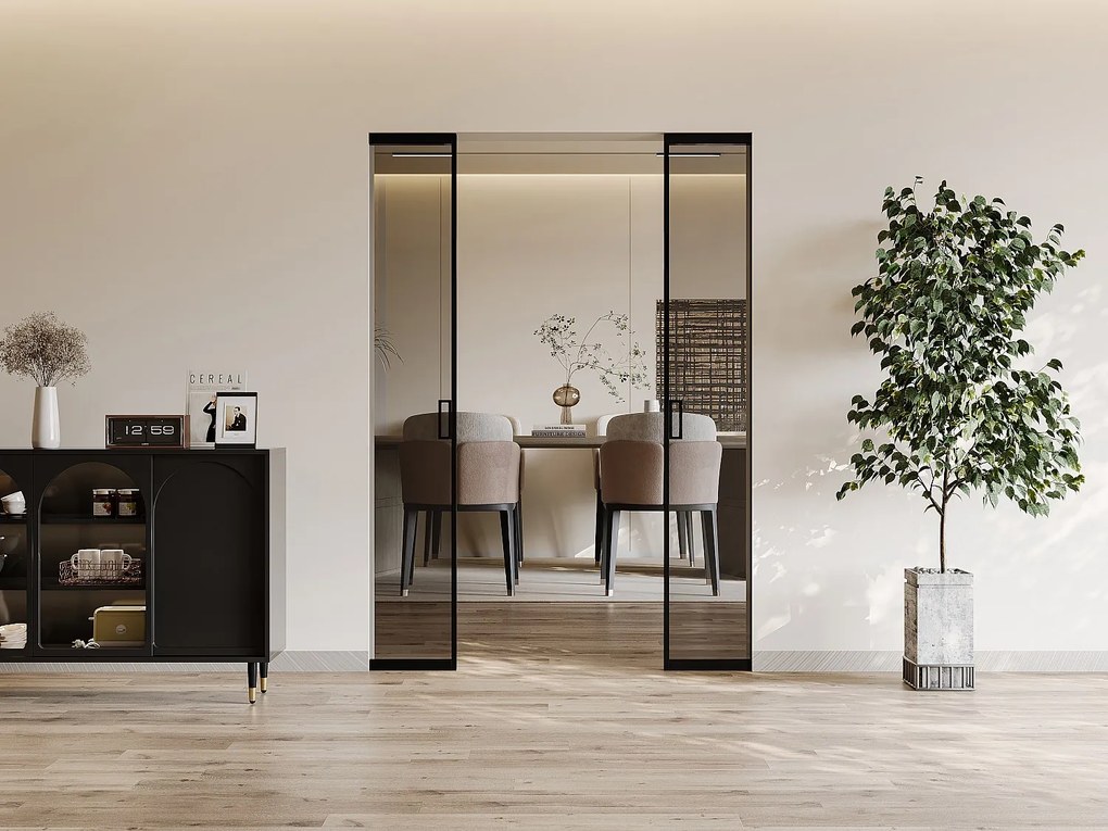 Drzwi przesuwne podwójne z ukrytym systemem przesuwnym – aluminium i szkło hartowane przydymione – 2 x wys. 205 x dł. 93 cm– LINCI II