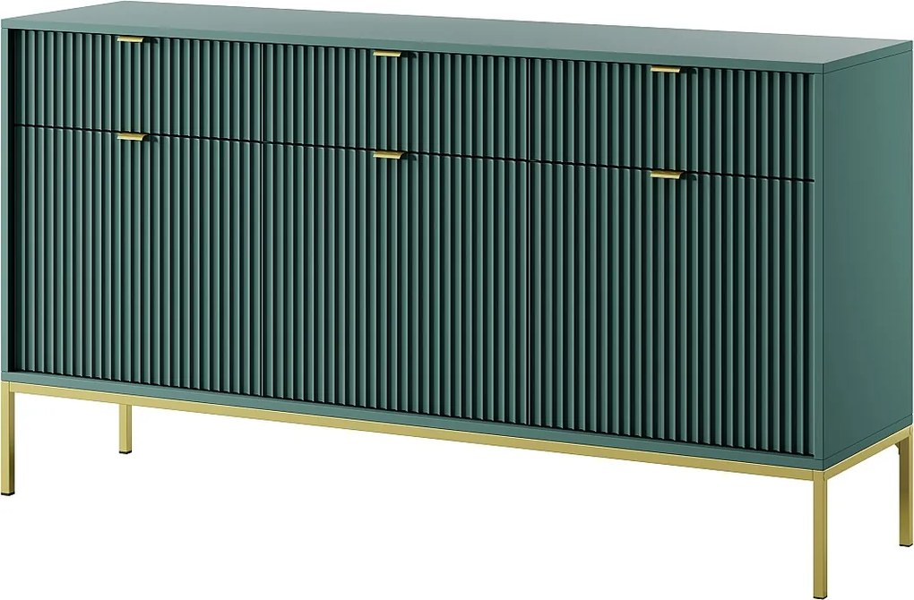 Komoda Elegancka DomoHome NOVA – 154x83x39cm, fasada Geriffelt, złote uchwyty, uniwersalny design, 3 szuflady i 3 drzwi, Labrador, rama złota