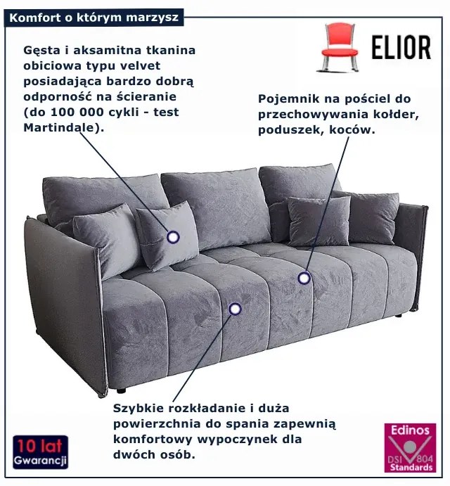 Szara welurowa sofa rozkładana z pojemnikiem W8-K60