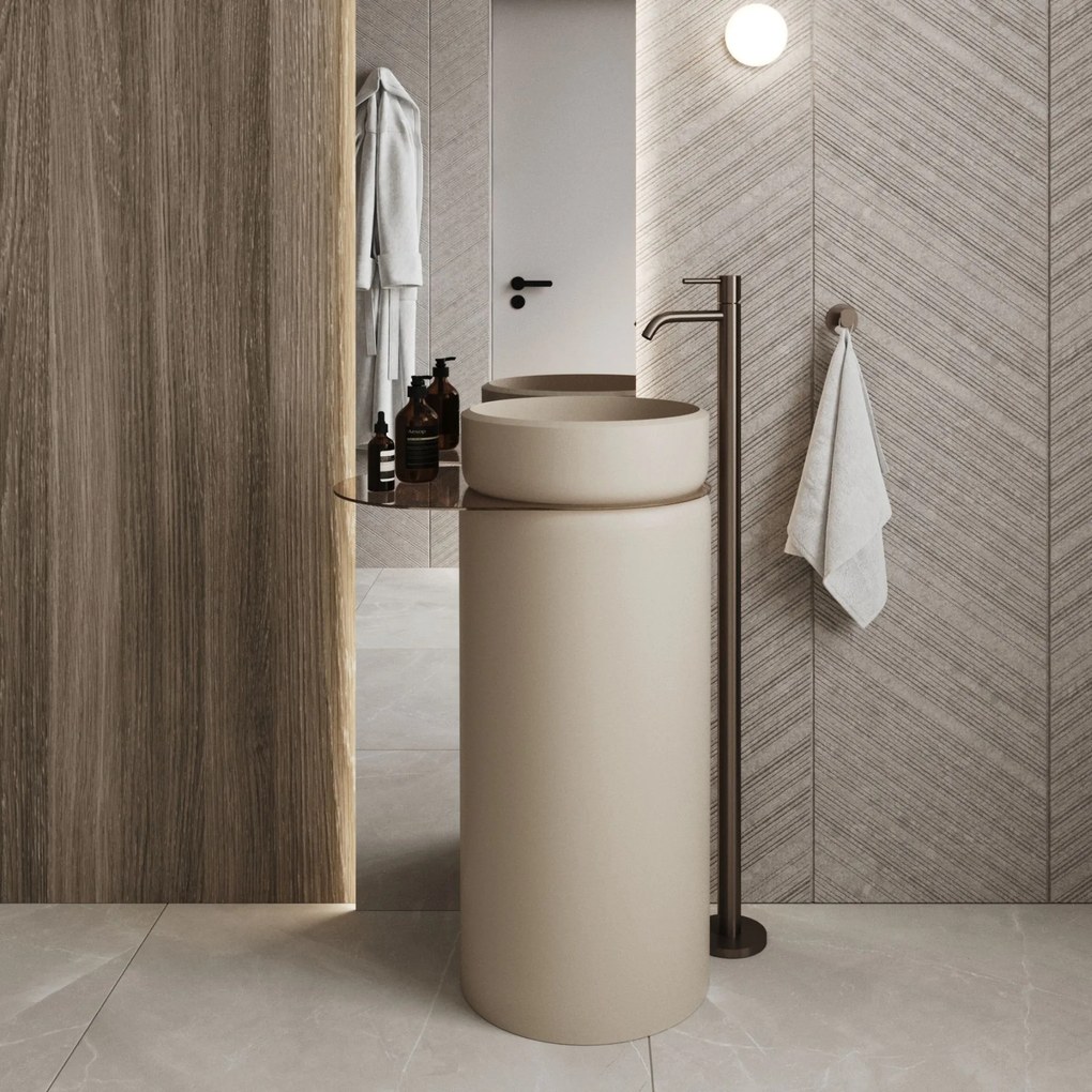 Umywalka z konglomeratu wolnostojąca okrągła z półką szklaną 85 x 40 cm RONA bez przelewu | Różne kolory półki : Kolor szkła - Brązowy, Kolor umywalki RONA - Beż połysk, Półka - Szklana